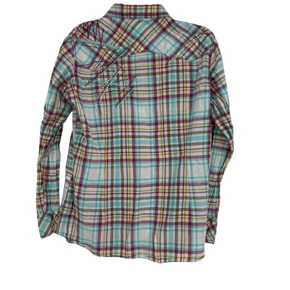 Ariat Women's Long Sleeve Top Plaid Pearl Snap Shirt Size XL Sequins Western - Picture 2 of 10